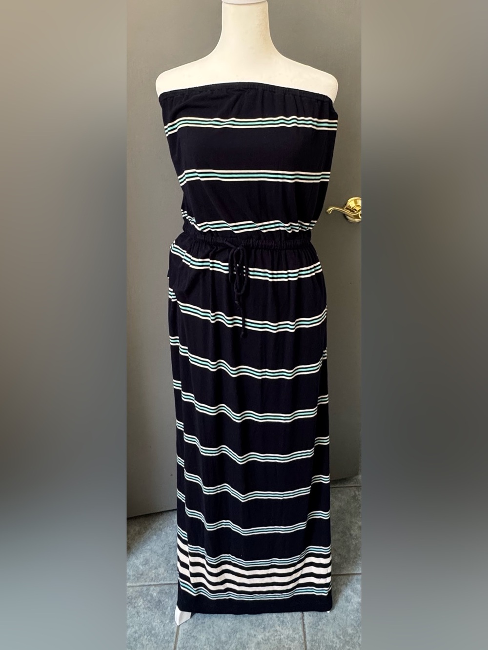 J. Crew Sz S Navy Strapless Striped Maxi Dress